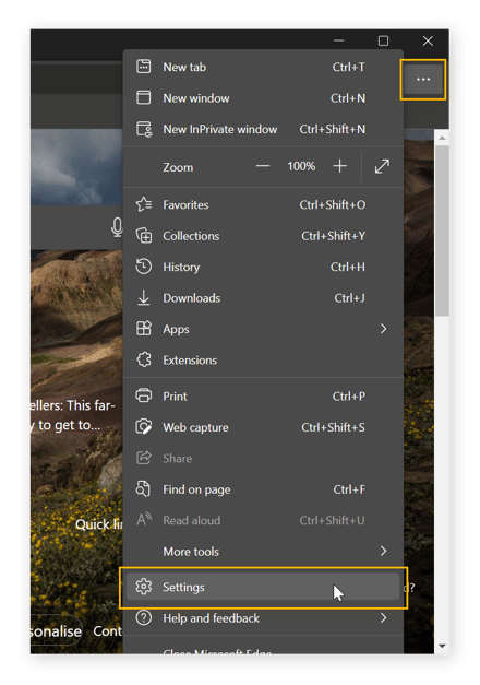 A view of Microsoft Edge with the hamburger menu open and the mouse is hovering over the option "Settings".