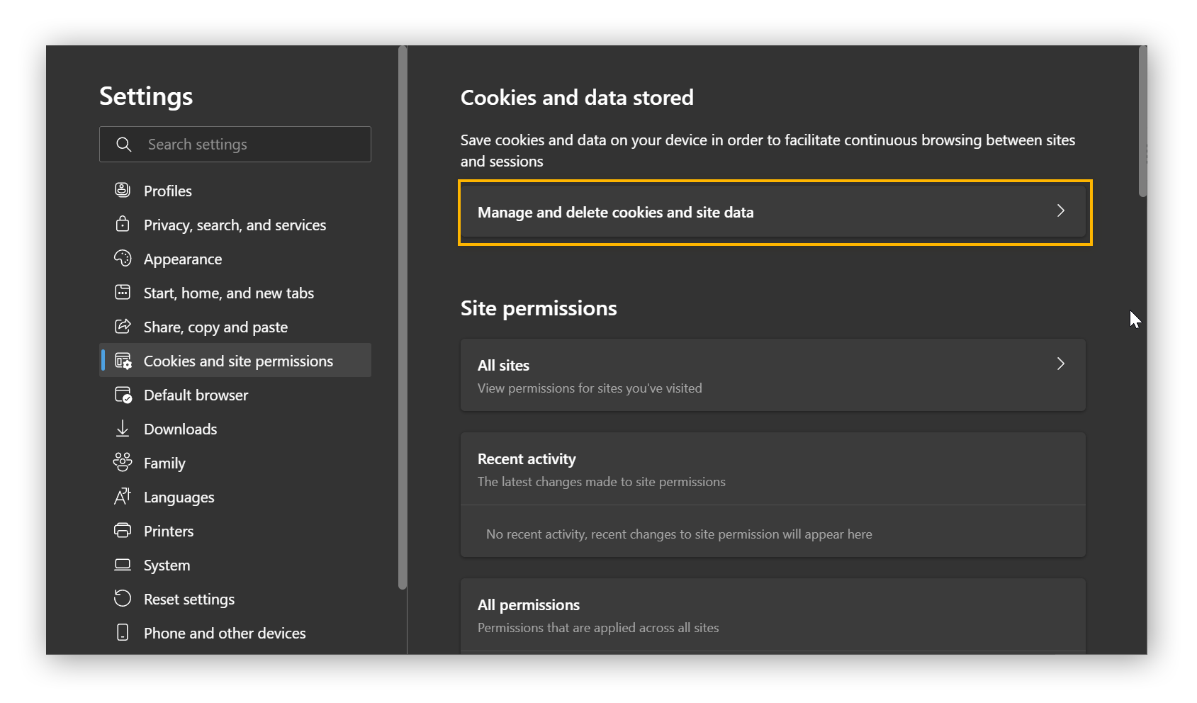 Seção Permissões de sites e cookies nas configurações do Microsoft Edge.