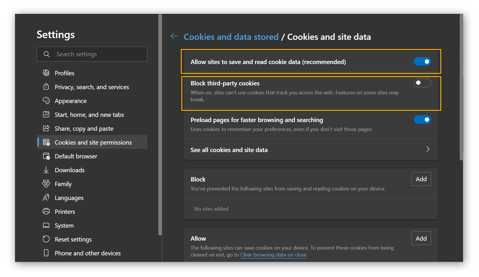 Gerenciamento de cookies e dados de sites no Microsoft Edge.