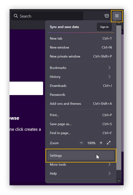 A view of Firefox's hamburger menu open with the mouse hovering over "Settings".