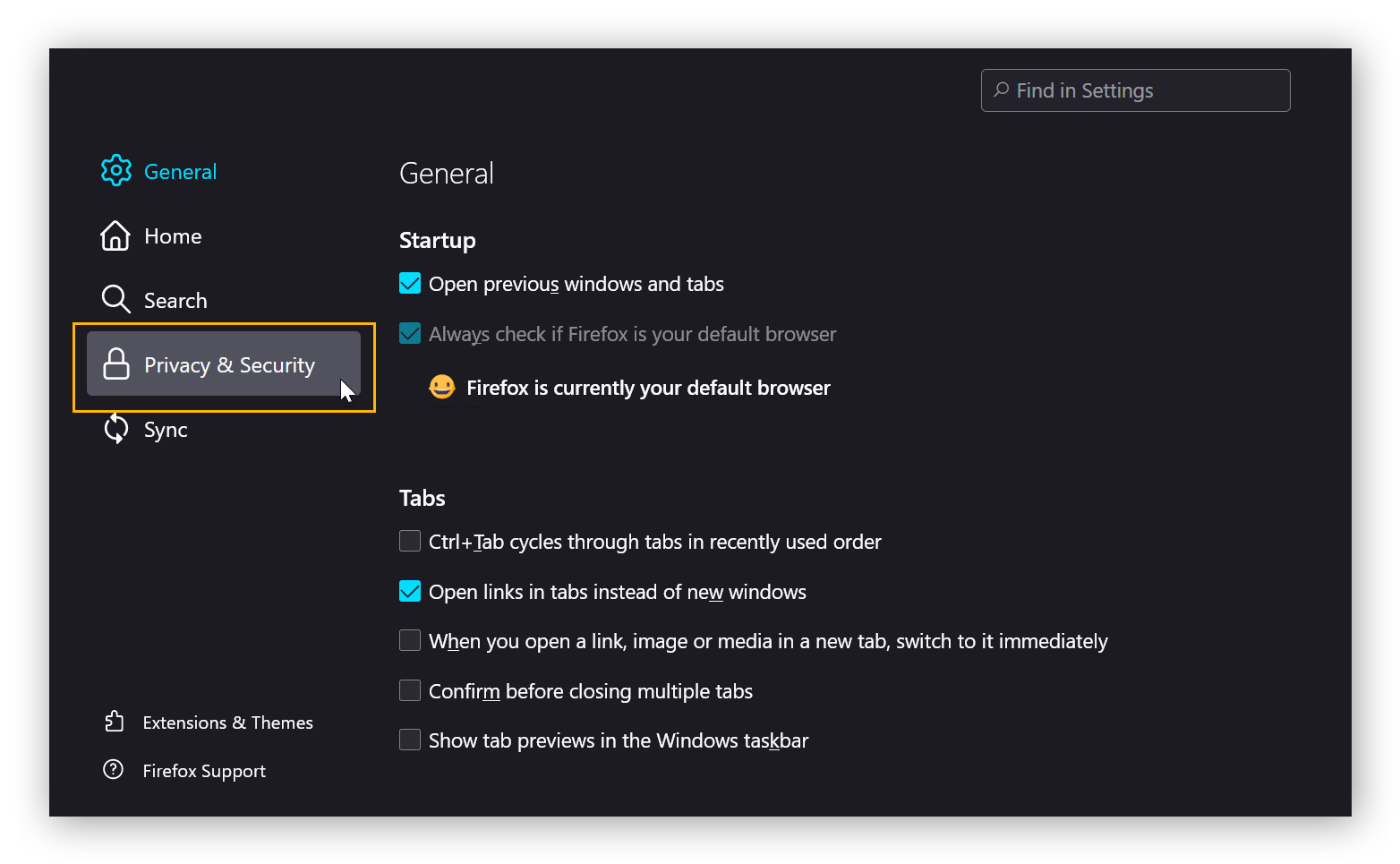 A view of Firefox's settings with the mouse hovering over "Privacy & Security" on the left.