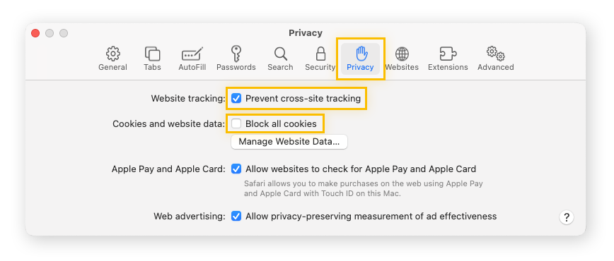 Gestione del monitoraggio tra siti Web e blocco dei cookie in Safari.