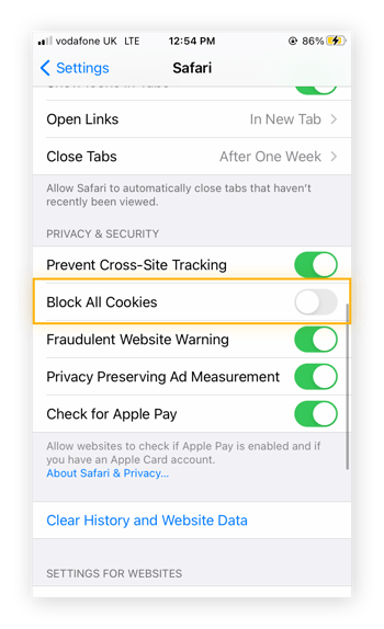 How to block all cookies on an iPhone.