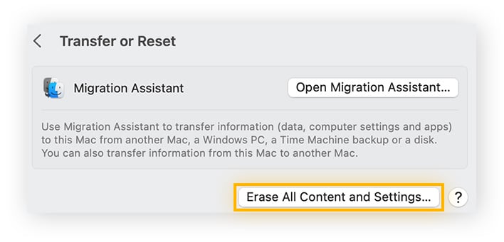 Klik op Alle inhoud en instellingen wissen om een fabrieksreset uit te voeren op de Mac