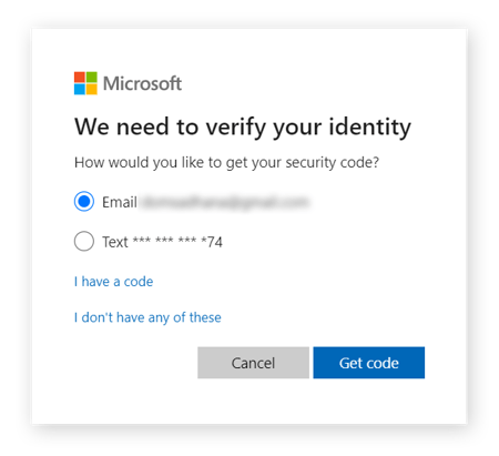 Verifying identity by selecting either an email or a phone number in Microsoft's password reset tool