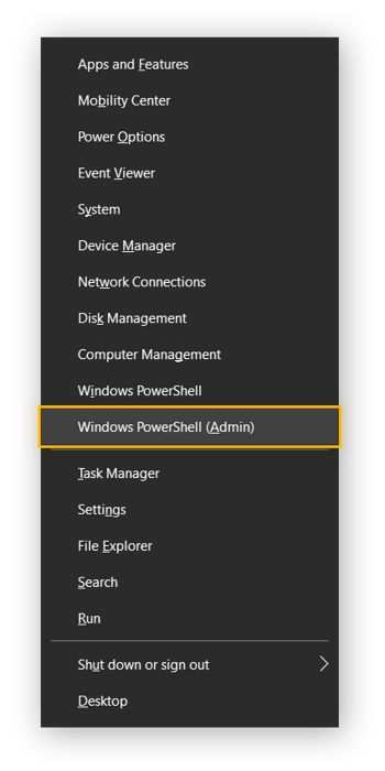 Windows PowerShell (Administrador) seleccionado en el menú de acceso rápido de Windows