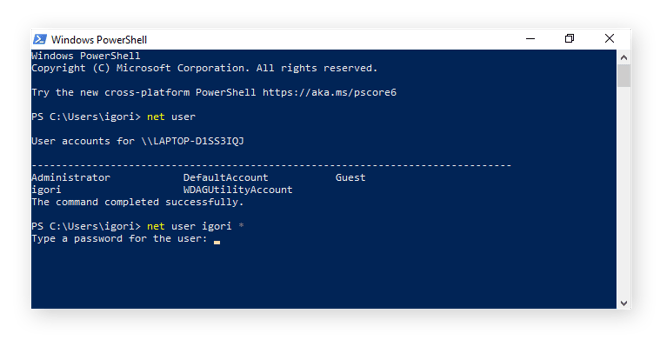 typing a new password for a user in Windows PowerShell