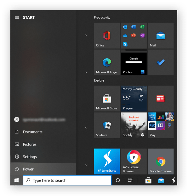 De aan/uit-knop is gemarkeerd in het menu 'Start' in Windows 10