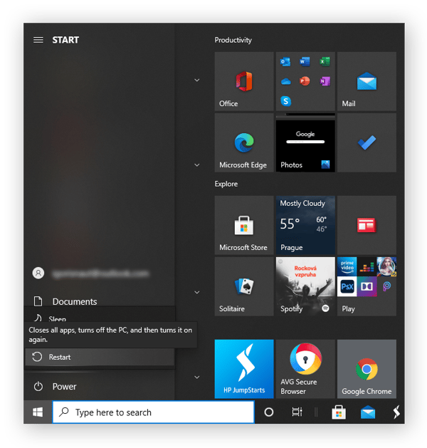 Hervorhebung der Schaltfläche „Neu starten“ im Startmenü von Windows 10
