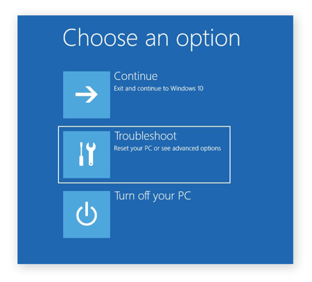 Opzione per la risoluzione dei problemi di Windows nella schermata "Scegli un'opzione"
