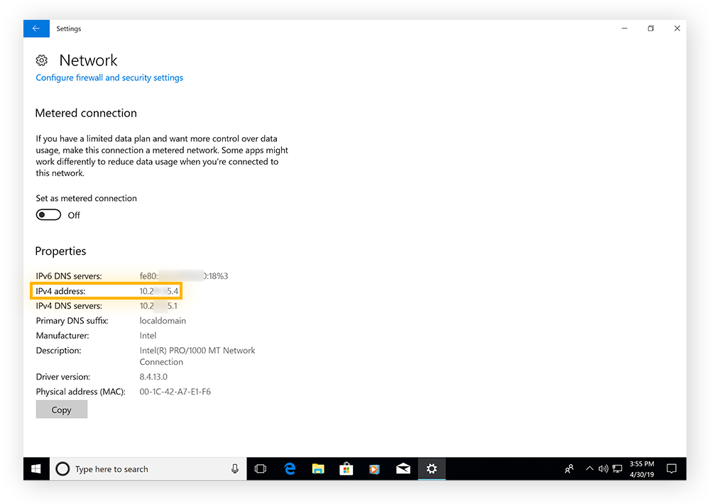 You can find your local IP address in the advanced network settings on Windows 10.