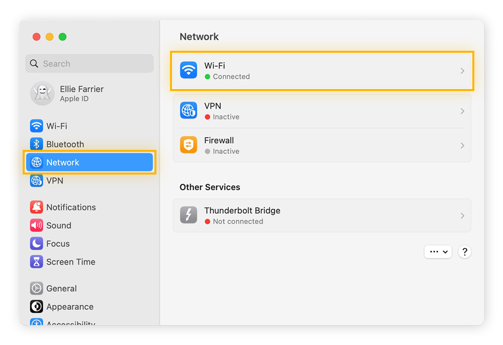 Ouvrez les paramètres réseau Mac, puis cliquez sur Wi-Fi pour trouver votre adresse IP locale.
