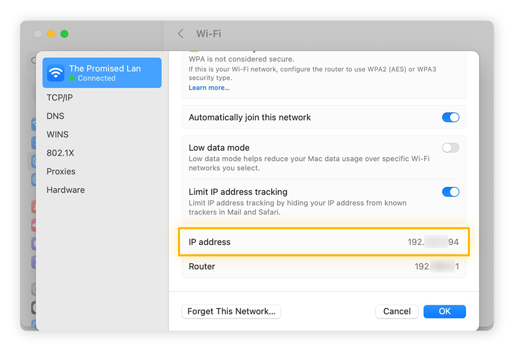 Scroll down in your Wi-Fi network's settings on Mac to find your local IP address.