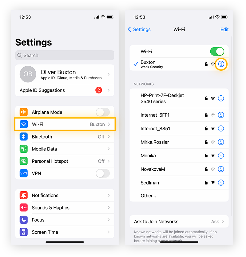 Open iPhone Settings > Wi-Fi > information to view your local IP address on iOS.