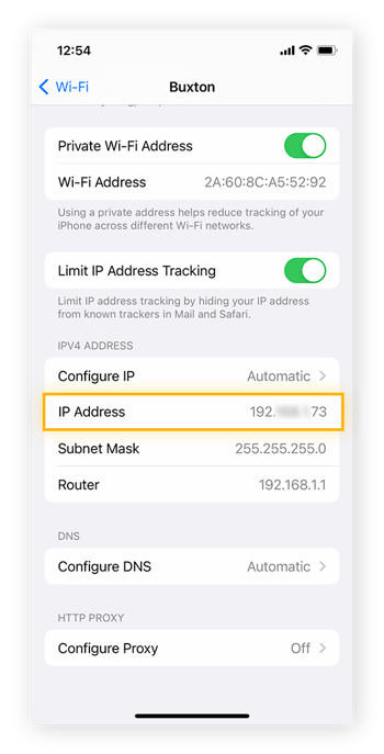 In your Wi-Fi network's information settings, you can find your local IP address on iPhone.