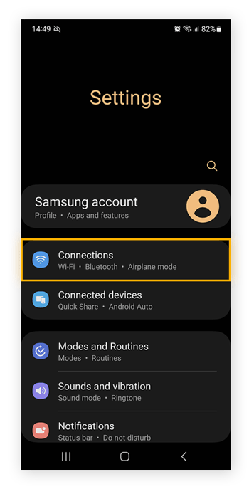 Open Android device settings and tap Connections to start the process of finding your local IP address.