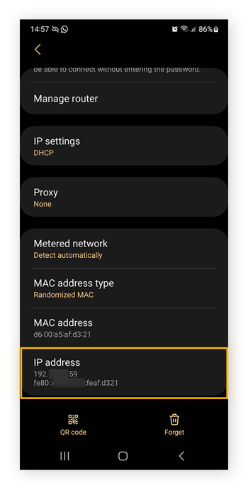 Scroll down in your Android network settings to find your local IP address.