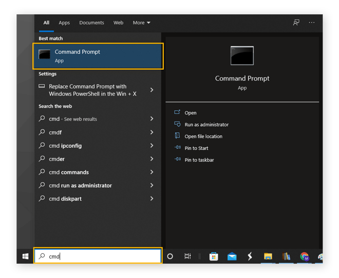 Digitazione di "cmd" nella barra di ricerca di Windows 10