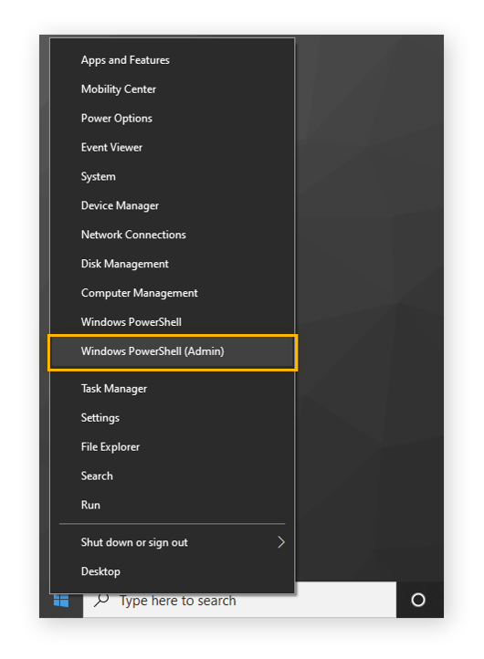 Selecting Windows PowerShell (Admin) after right-clicking the Start Menu button in Windows 10