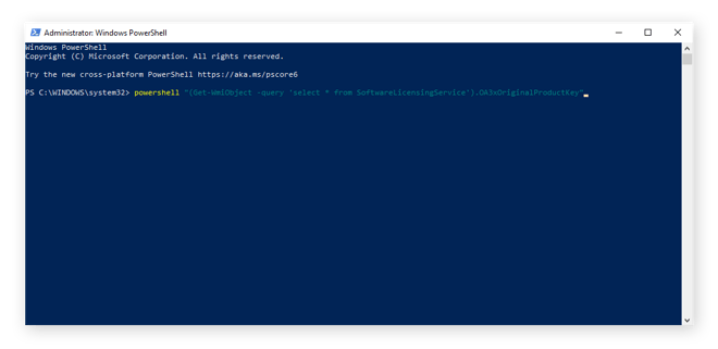 Eingabe von powershell "(Get-WmiObject -query 'select * from SoftwareLicensingService').OA3xOriginalProductKey" in Windows PowerShell