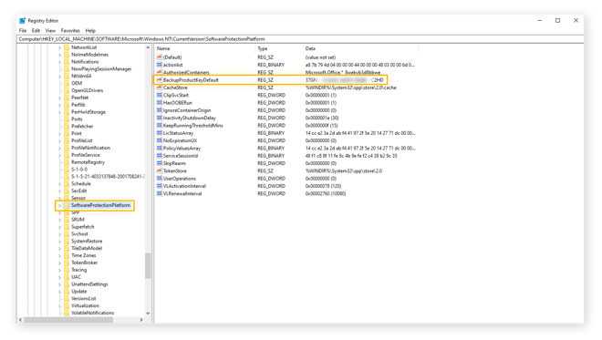 Selezione di SoftwareProtectionPlatform nell'Editor del Registro di sistema di Windows 10