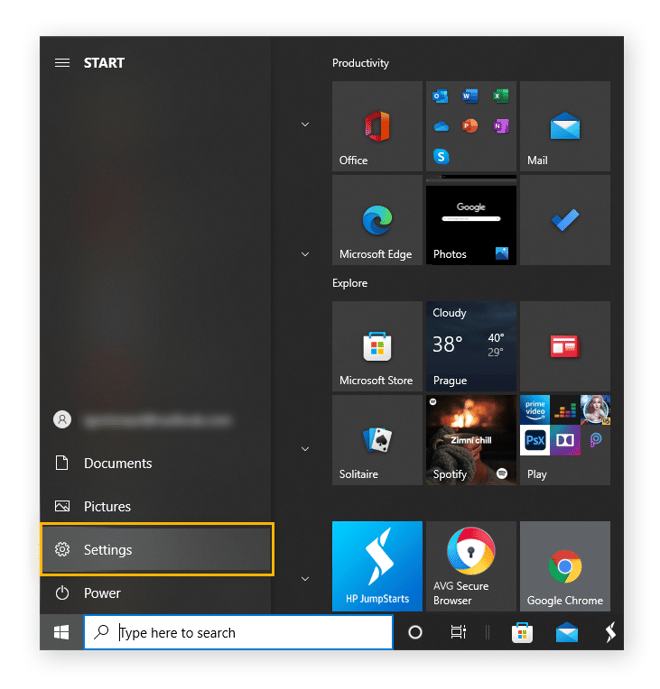 Sélection de l’option Paramètres dans le menu Démarrer de Windows 10