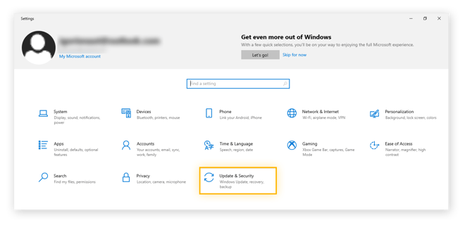 “Bijwerken en beveiliging” selecteren in de instellingen van Windows 10