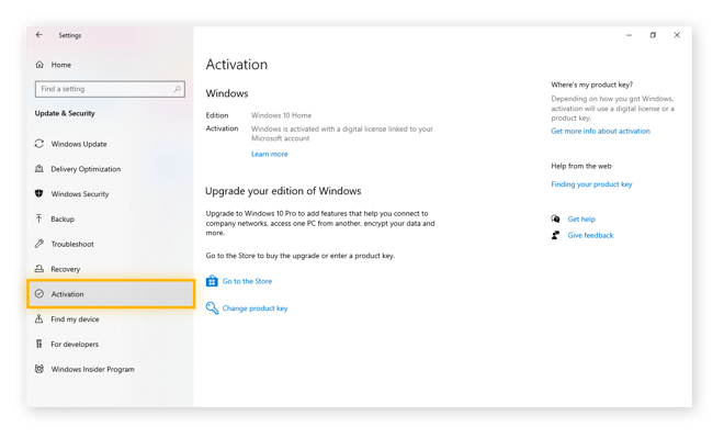 Finding your activation status and Windows 10 product key in activation settings.