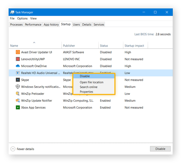 Disable startup items using Task-Manager