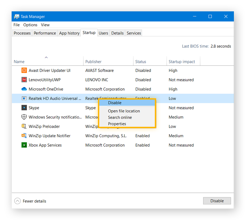 Desactivación de elementos de inicio mediante el Administrador de tareas de Windows 10 para intentar evitar que se muestre la pantalla negra de la muerte.