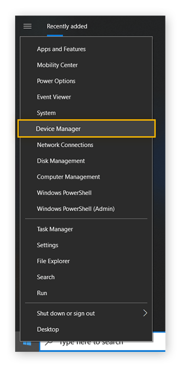 Öffnen des Windows-Startmenüs > „Geräte-Manager“ unter Windows 10 im abgesicherten Modus.