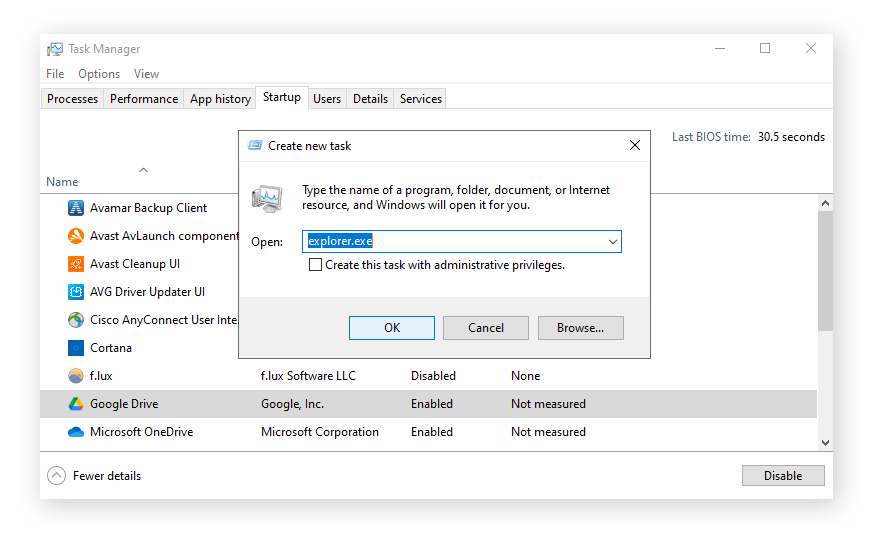 Running Explorer.exe to relaunch Windows 10 desktop.