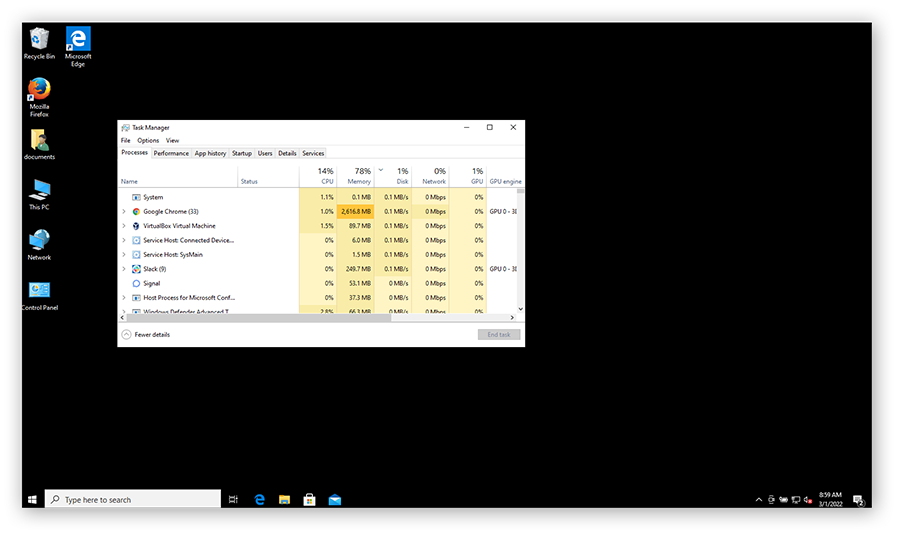 Windows-Desktop-Ansicht nach dem Neustart direkt über den Task-Manager.