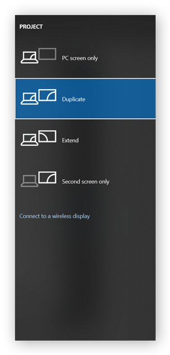 Switching between display modes on Windows 10 with the shortcut: Win key + P.