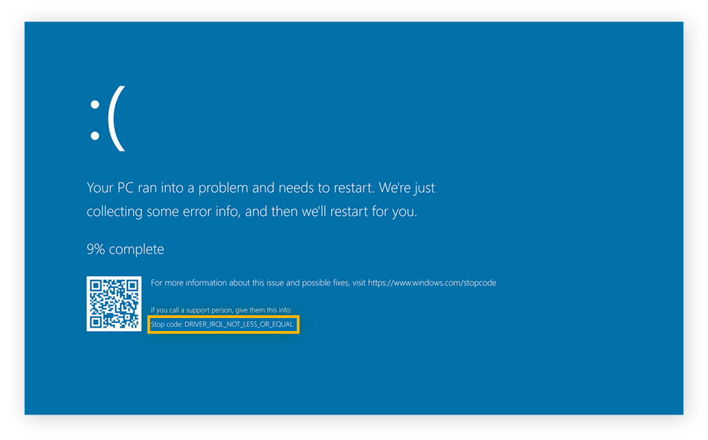 An example of a Blue screen of death in Windows 10