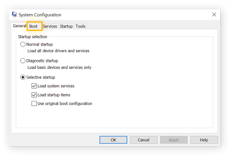 The System configuration window. The "Boot" tab is circled.