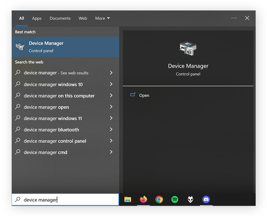 The Windows start menu is open and is showing "Device manager."