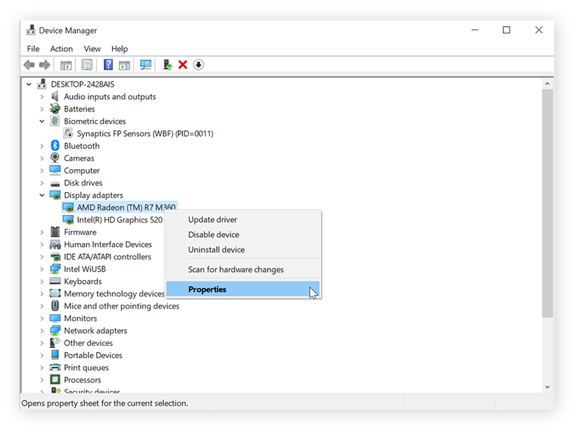 Uma tela do gerenciador de dispositivos. A placa de vídeo AMD está selecionada em “Adaptadores de monitor”. A GPU da AMD foi clicada com o botão direito e o mouse está sobre “Propriedades”.