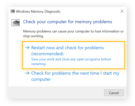Windows Geheugencontrole wordt weergegeven en de knop "Nu opnieuw opstarten en zoeken naar problemen" is omcirkeld.