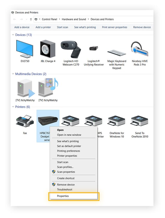 Accessing printer properties via Windows Control Panel.