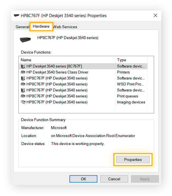  Opening printer hardware properties to inspect driver options.