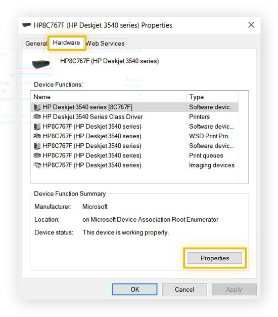 Opening printer hardware properties to inspect driver options.
