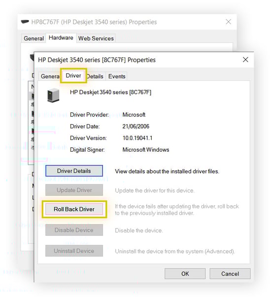 Rolling back a printer driver to help fix a "Driver is unavailable error".