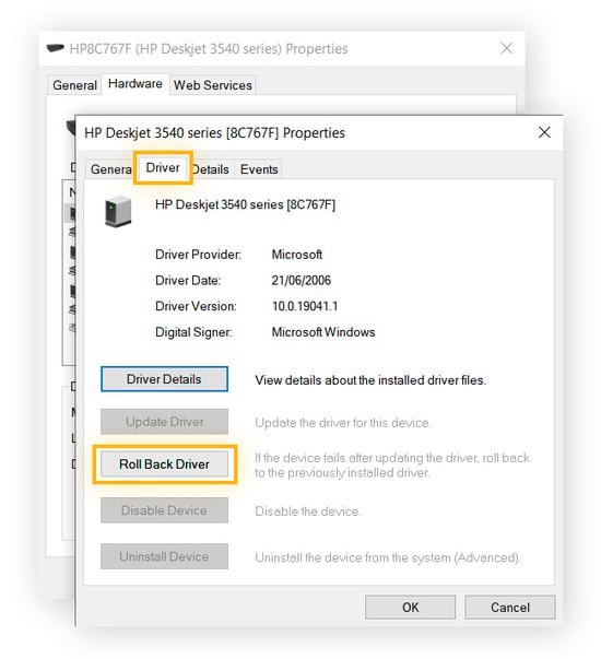 Rolling back a printer driver to help fix a "Driver is unavailable error".