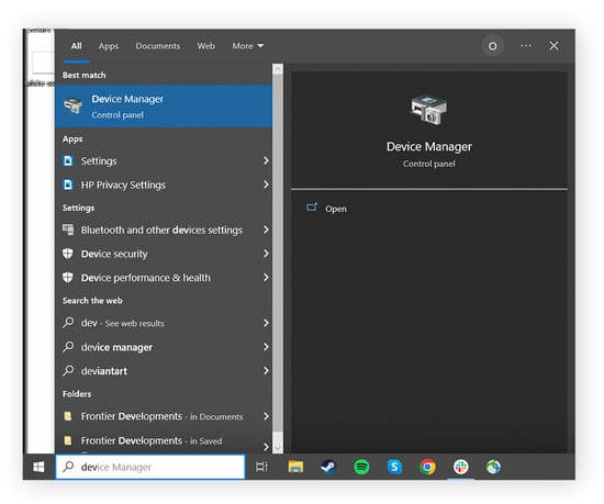 Launching Device Manager via the Start menu in WIndows 10.