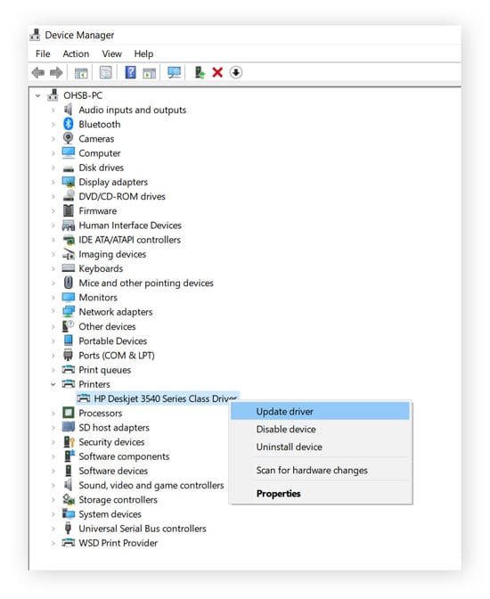  Een printerstuurprogramma bijwerken via Apparaatbeheer in Windows 10.