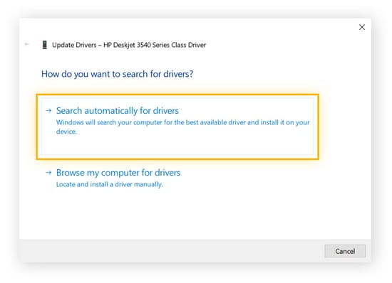 Selecting "Search automatically for drivers" to let Windows find a compatible driver update.