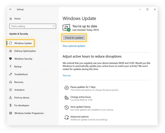 Select Windows update and click the update option