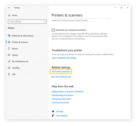 Accessing Print Server Properties to troubleshoot a printer driver error.