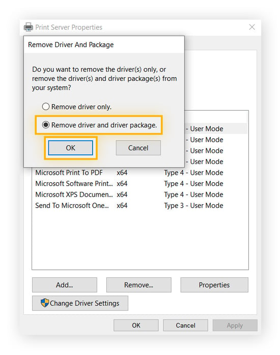 Select remove driver and driver package